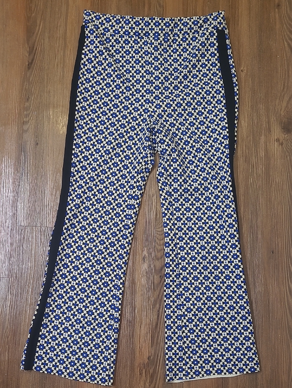 Anthropologie Maeve Blue White Geometric Print Pants with Black Accents